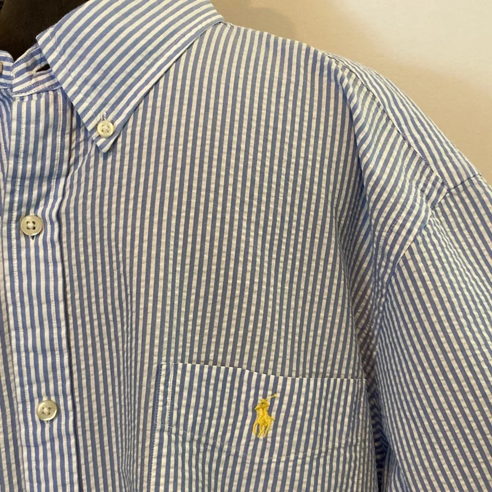 Polo Ralph Lauren Blue & White Seersucker Short Sleeve Button Down Shirt S382